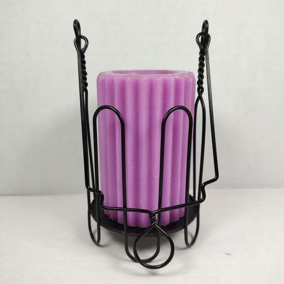 Purple Ribbed Pillar Candle Hanging Black Twisted Wire Holder Lantern Stand Used - Picture 5 of 12